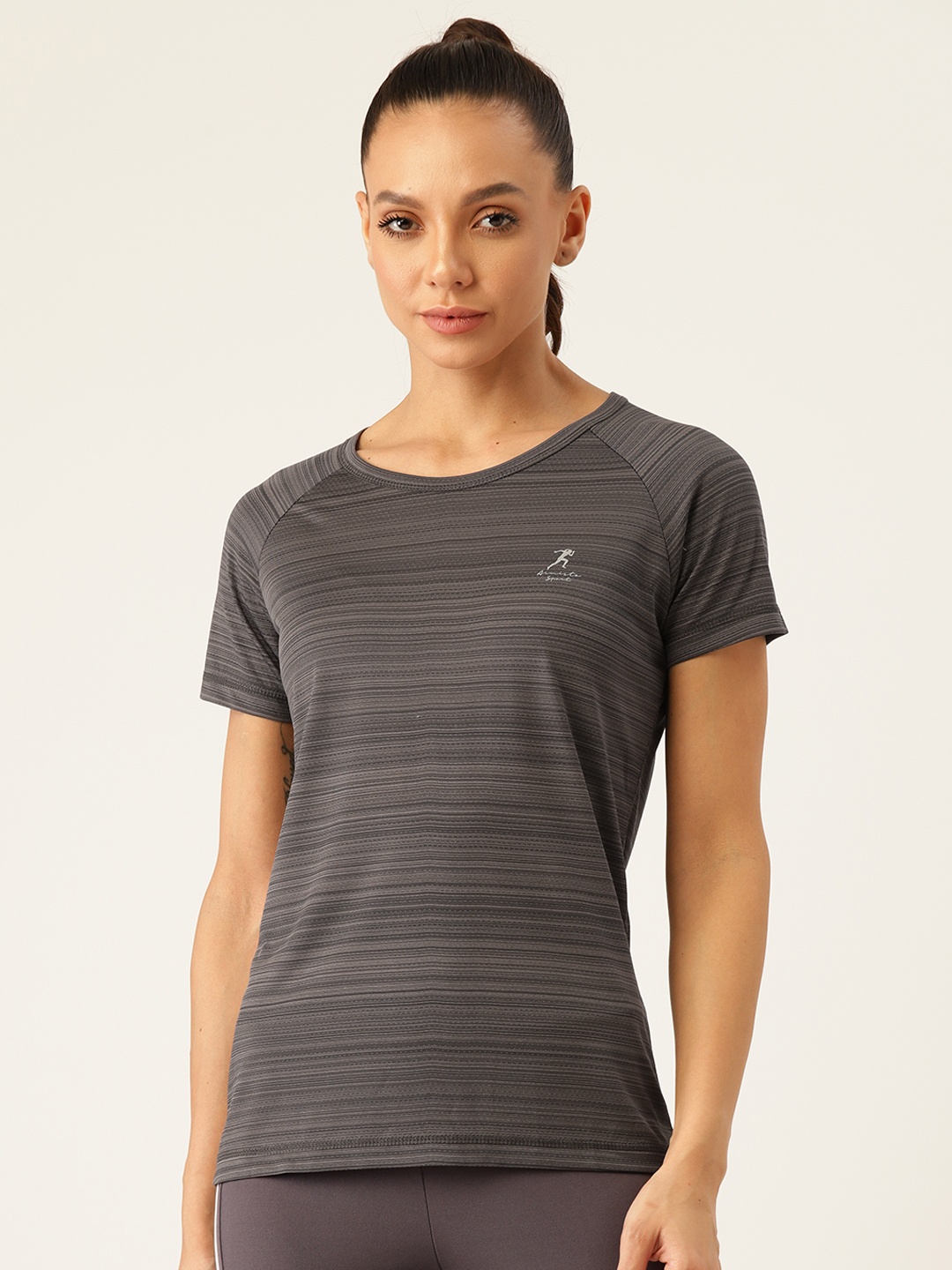 

ARMISTO Women Charcoal Grey Self Design Sports Dri-FIT Slim Fit Running T-shirt