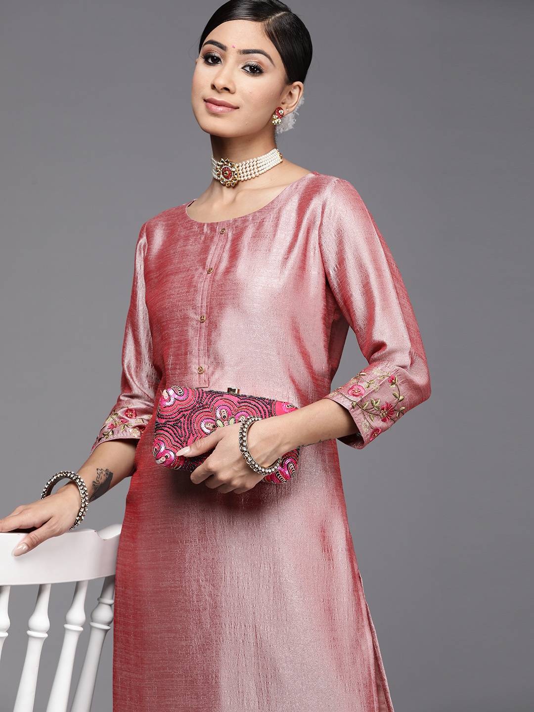 

Libas Women Pink Thread Work Pastel Kurta