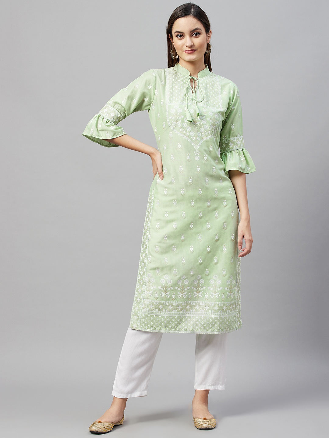 

V TRADITION Women Green & White Floral Print Flared Sleeves Gotta Patti Kurta