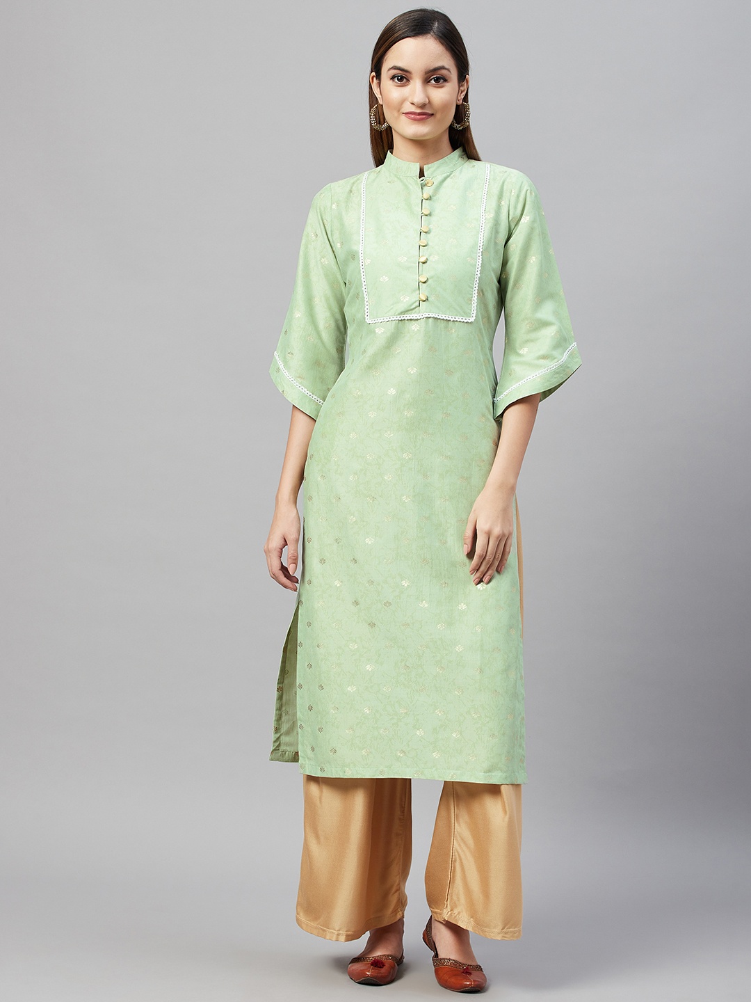 

V TRADITION Women Green & Gold-Toned Floral Woven Design Gotta Patti Kurta