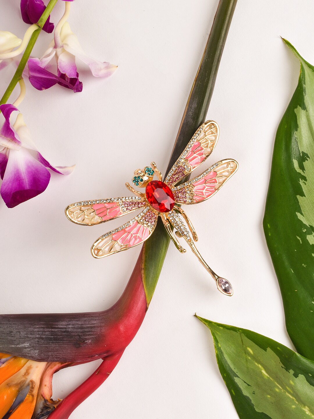 

JOKER & WITCH Women Gold-Toned & Red Rhinestone-Studded Dragonfly Charm Brooch