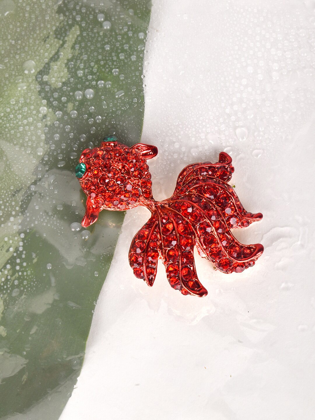 

JOKER & WITCH Women Red & Green Stone Studded Fish Brooch