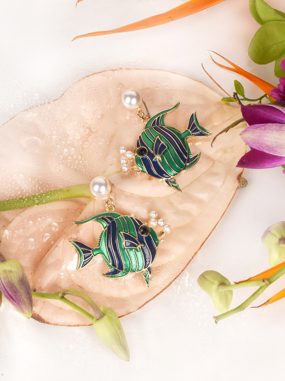 

JOKER & WITCH Multicoloured Contemporary Green Fish Drop Earrings, Multi