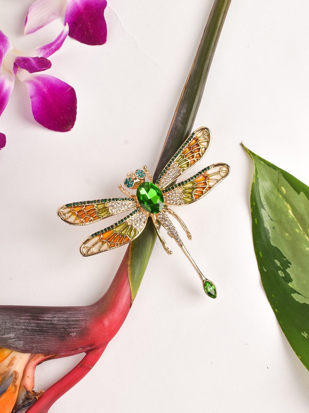 

JOKER & WITCH Gold-Toned & Green Dragonfly Brooch, Multi