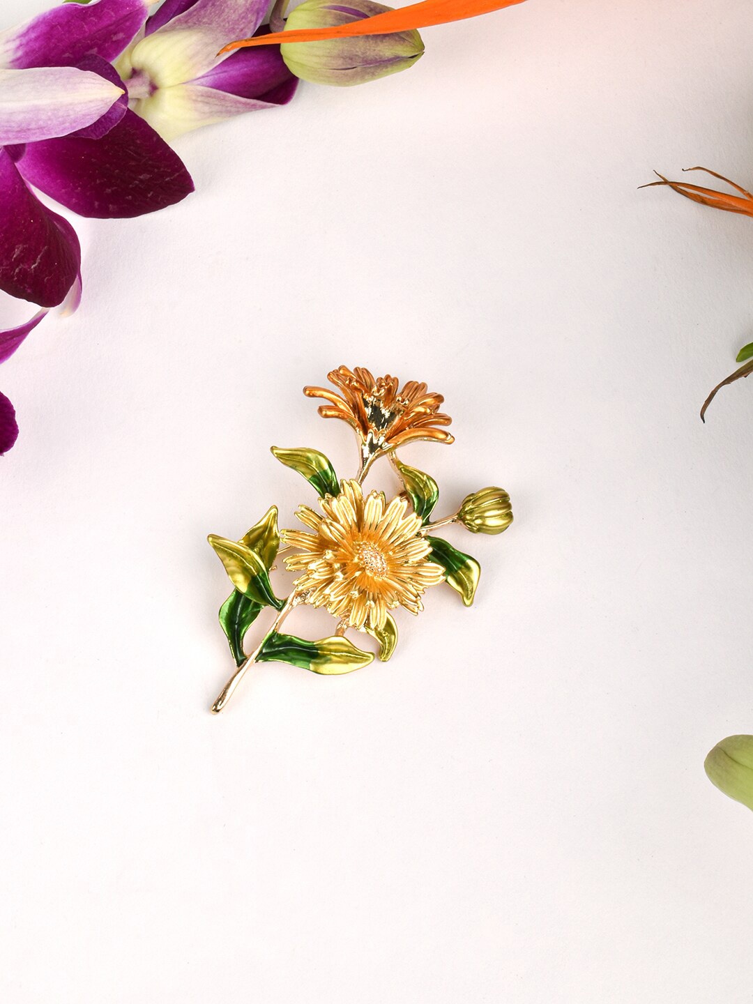 

JOKER & WITCH Women Green & Yellow Textured Floral Brooch