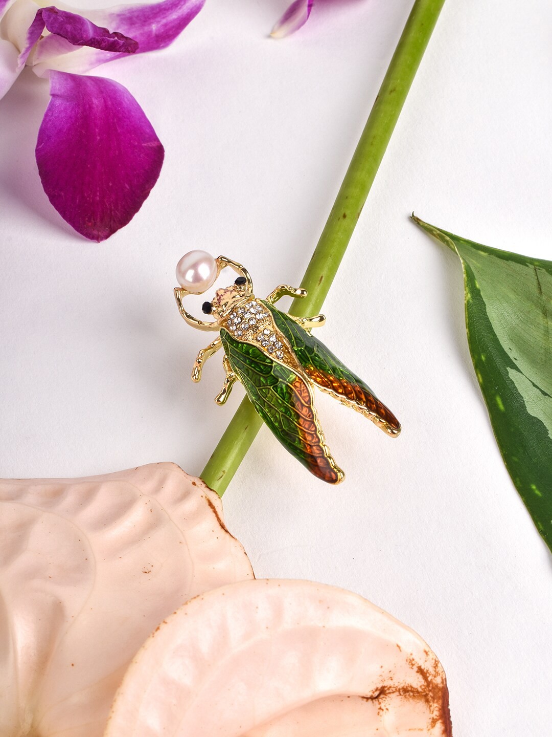 

JOKER & WITCH Women Gold-Toned White Stone-Studded Statement Brooch