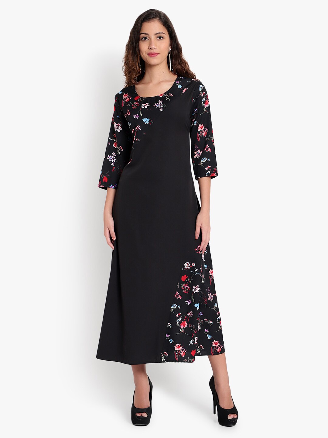

Indietoga Black Floral Crepe A-Line Maxi Dress