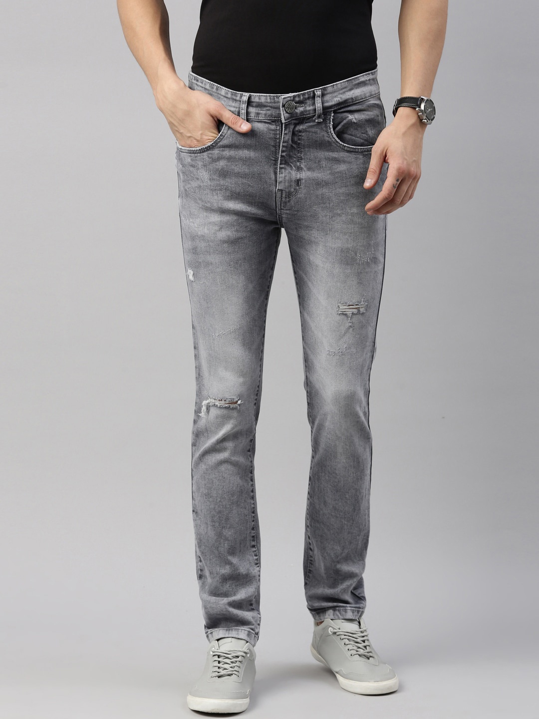 

CINOCCI Men Grey Slim Fit Mildly Distressed Heavy Fade Stretchable Jeans
