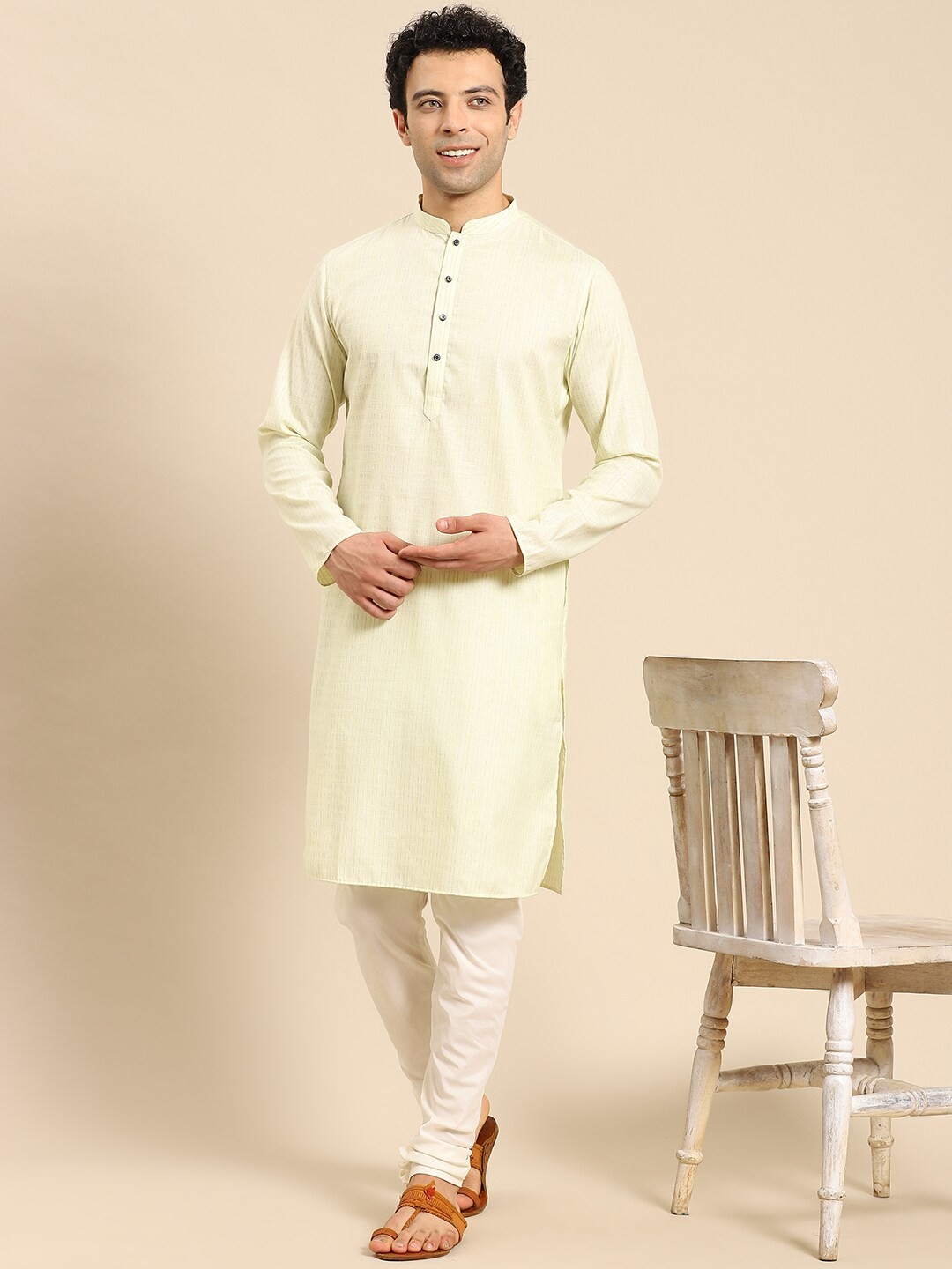 

Amodh by Kisah Men Yellow Striped Kurta with Churidar