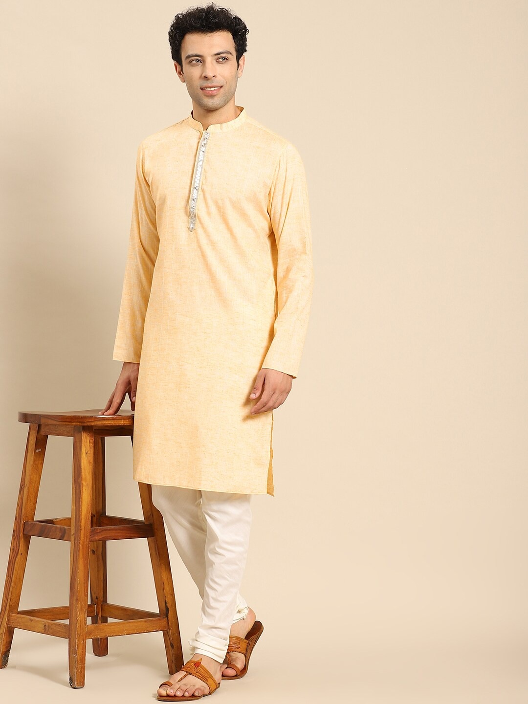 

Amodh by Kisah Men Yellow Striped Kurta with Churidar