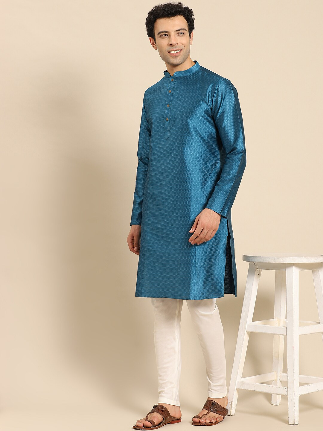 

Amodh by Kisah Men Teal Blue Woven Design Kurta with Dhoti Pants
