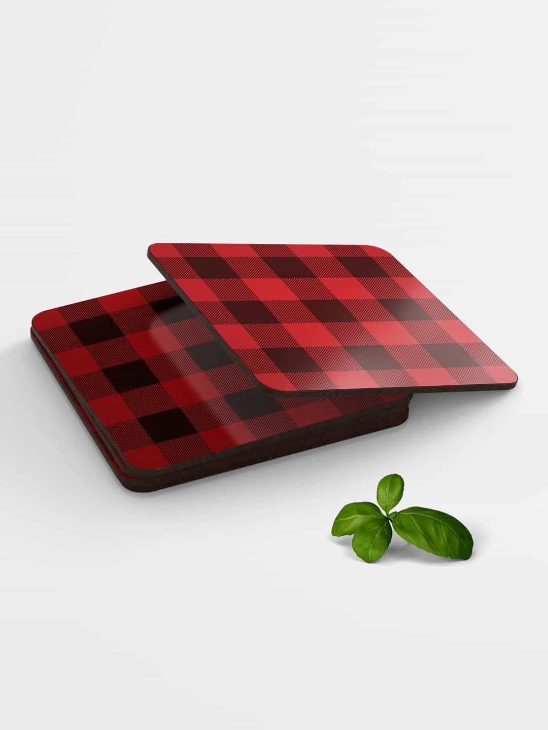 

macmerise Set of 6 Red Black Checked MDF Checkmate Coasters