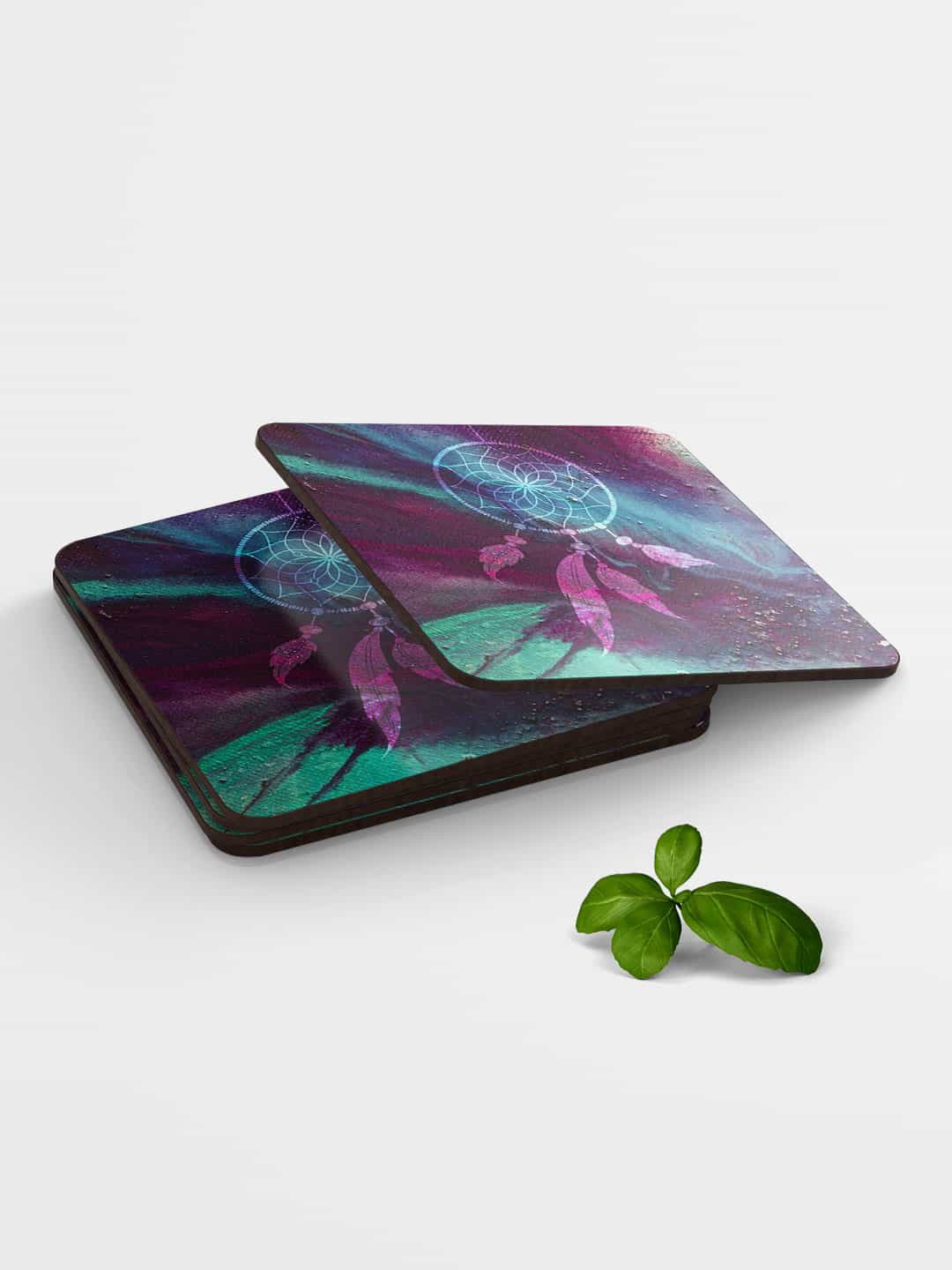 

macmerise Set of 6 Purple & Blue Printed MDF Dream Catcher Coasters, Multi