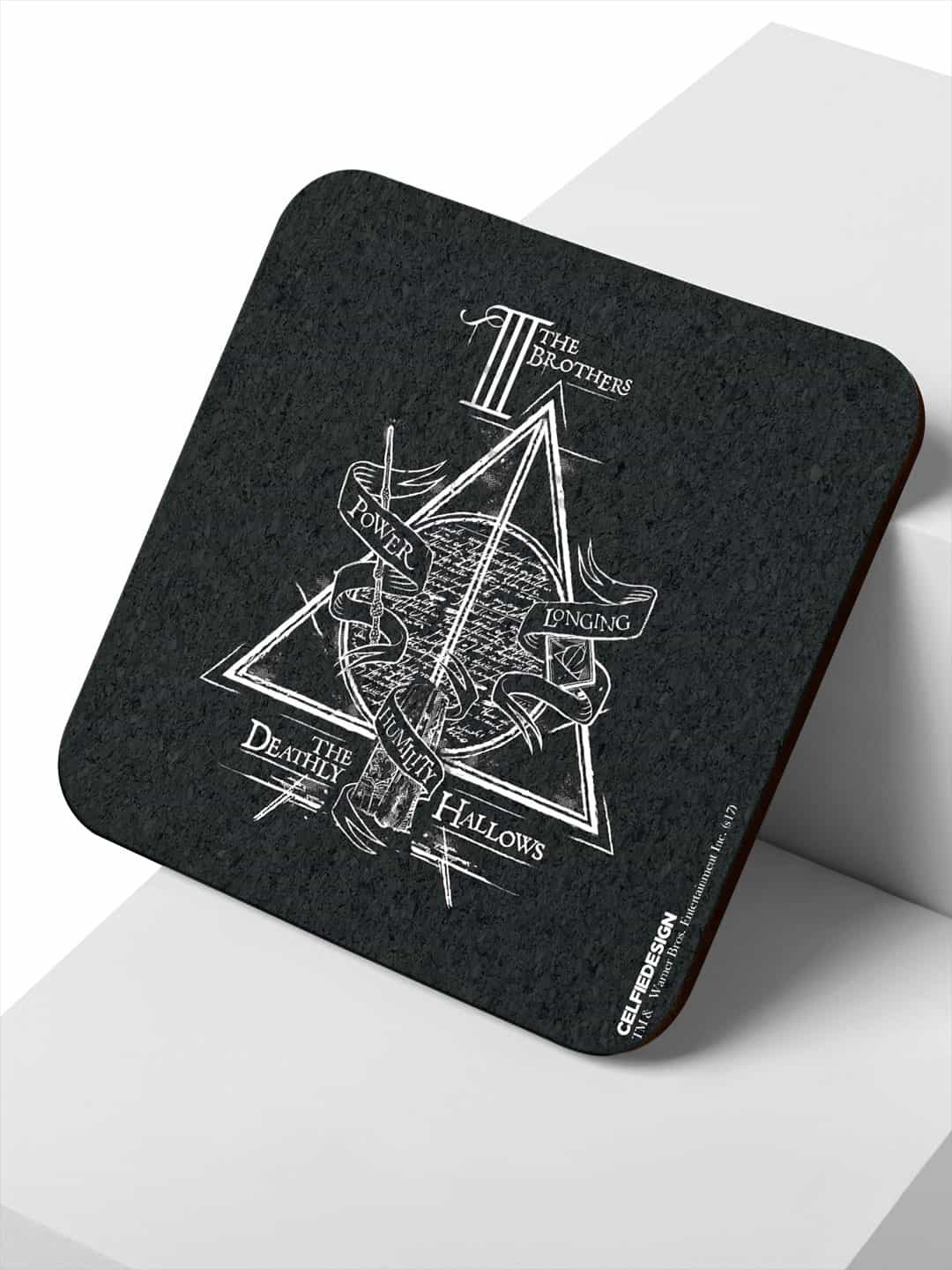 

macmerise Set of 6 The Deathly Hallows Printed Wooden Coasters, Black
