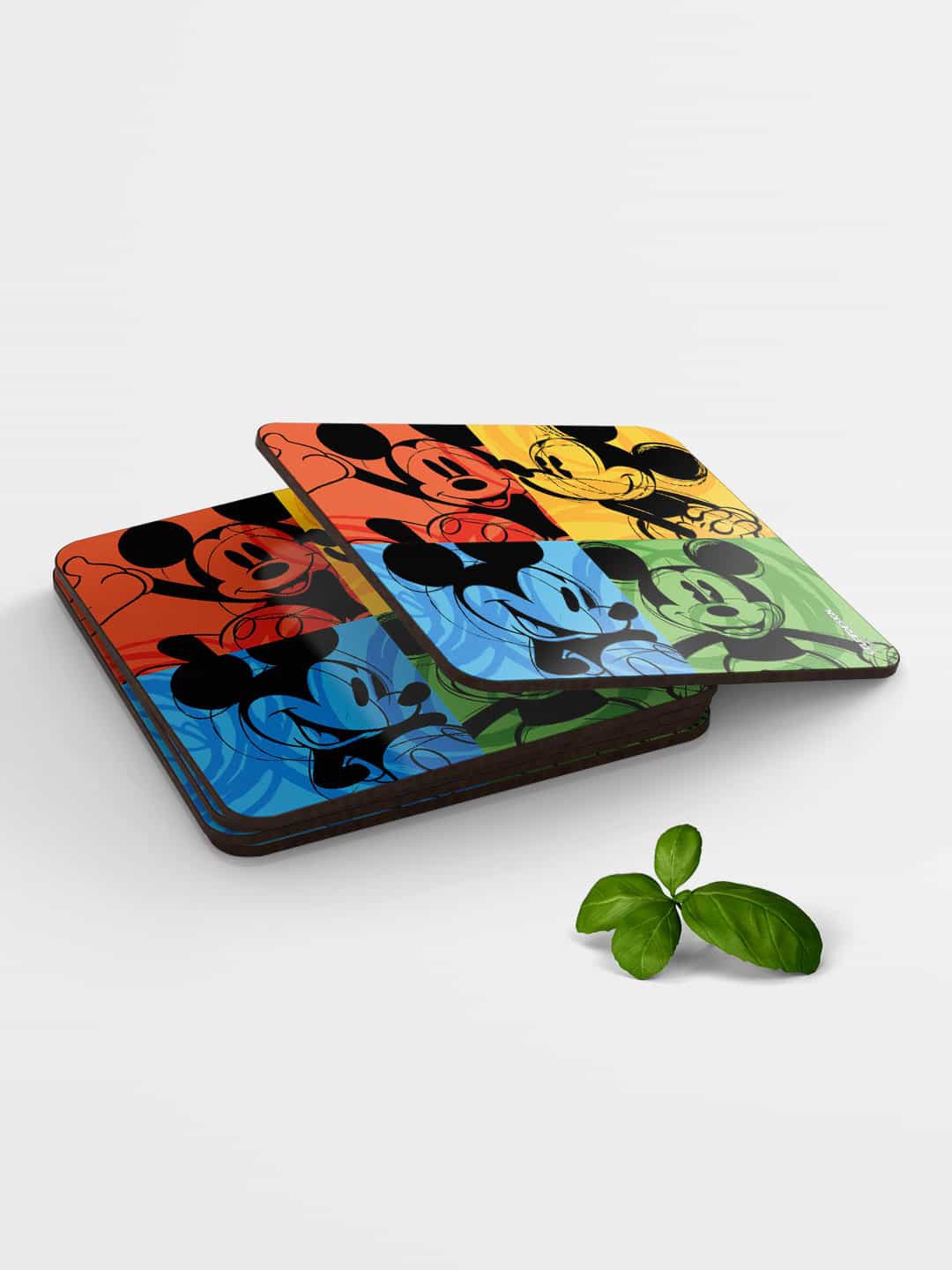 

macmerise Set of 6 Multicolored Shades of Mickey Printed Wooden Coasters, Multi