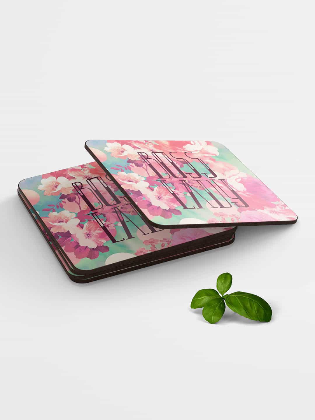 

macmerise Set of 6 Pink & Green Printed MDF Boss Lady Coasters
