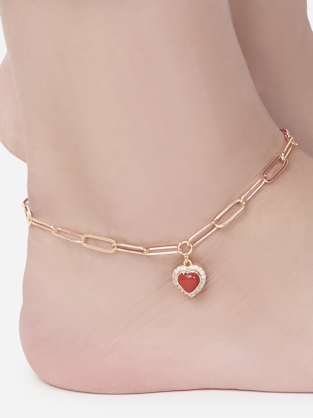 

MINUTIAE Rose Gold-Plated Red Onyx & White Stone-Studded Heart Charm Anklet