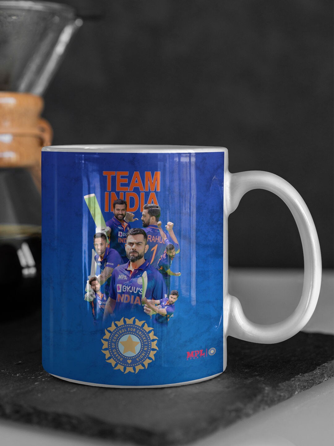 

macmerise Navy Blue & Red Team India Bleed Blue Printed Ceramic Glossy Mug