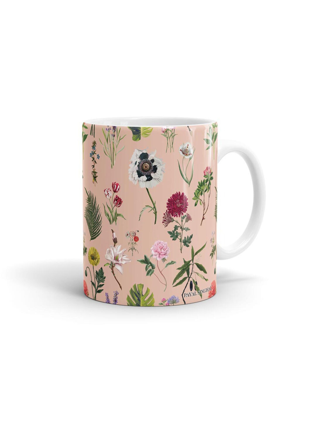 

macmerise Peach-Coloured & Green Printed Ceramic Glossy Mug