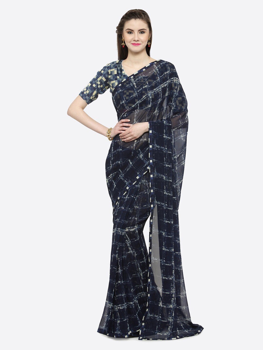 

Shaily Navy Blue & White Checked Pure Georgette Saree