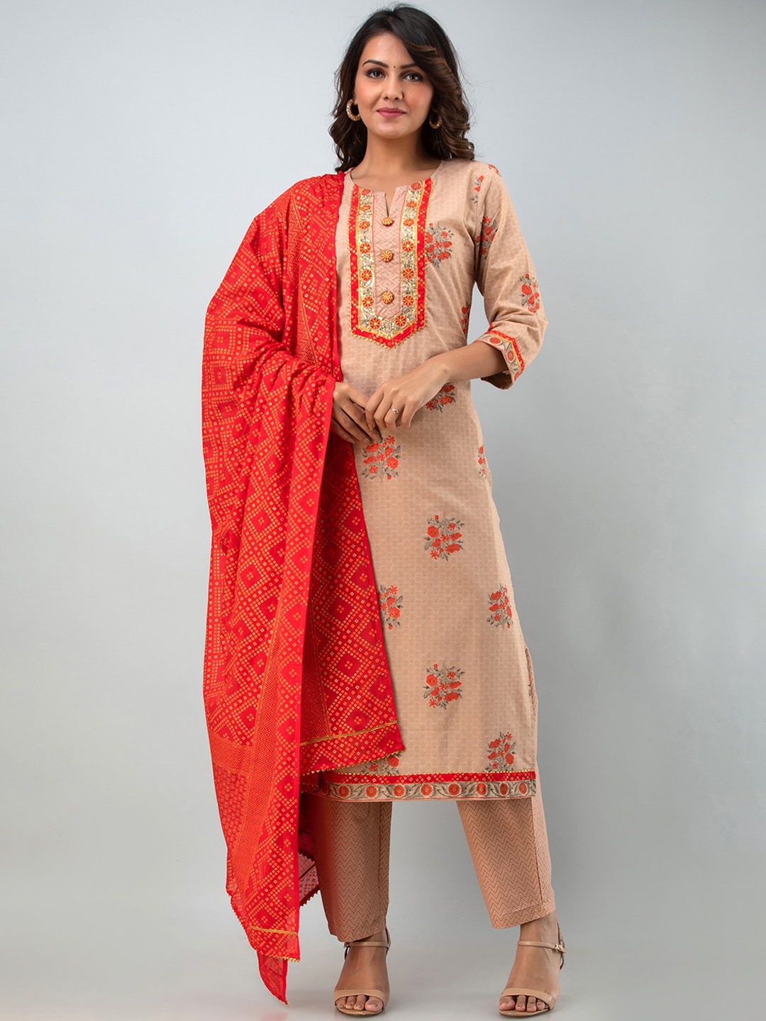 

Charu Women Beige Ethnic Motifs Printed Pure Cotton Kurta with Churidar & With Dupatta