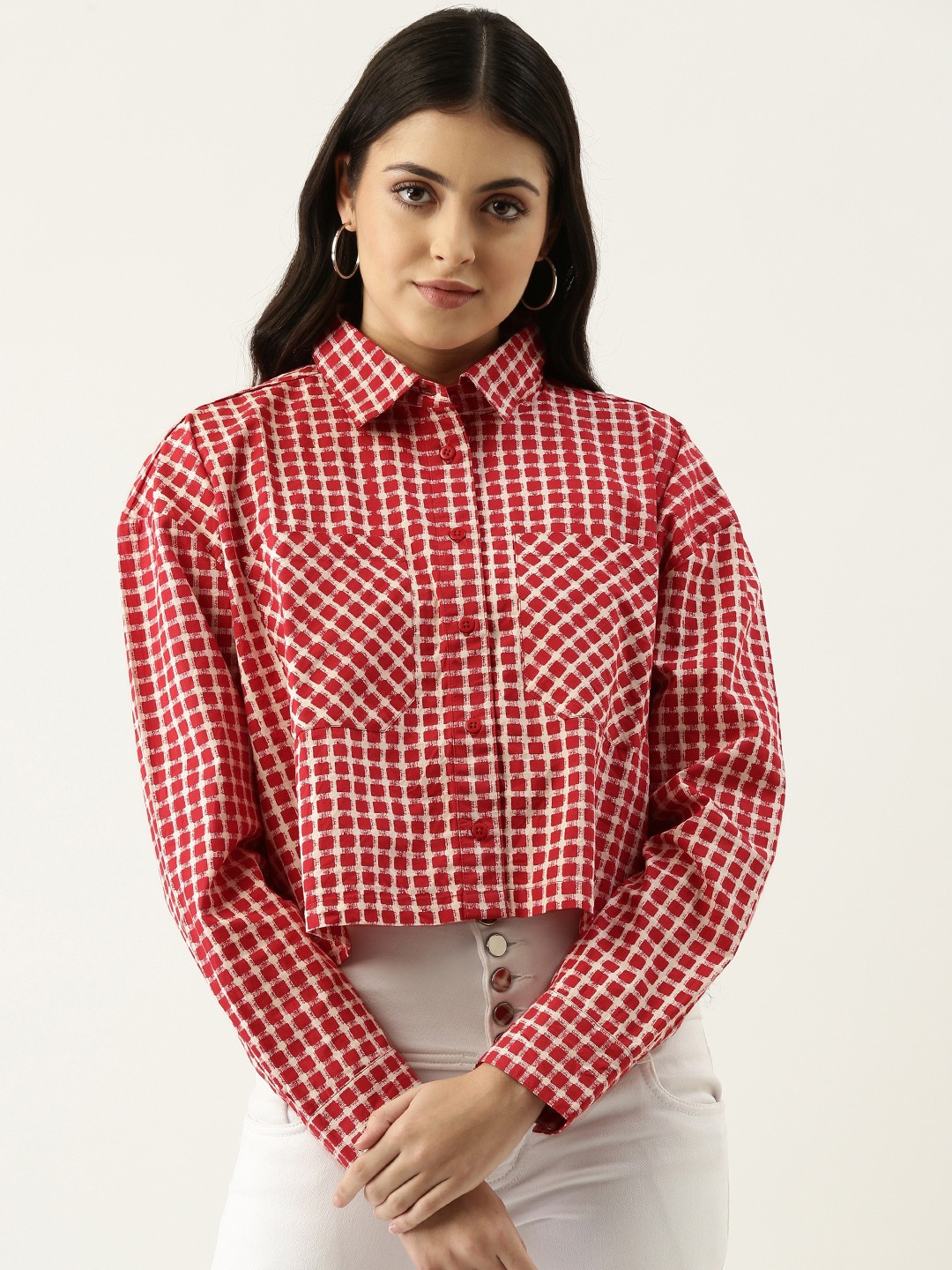 

FOREVER 21 Women White & Red Printed Pure Cotton Cropped Casual Shirt