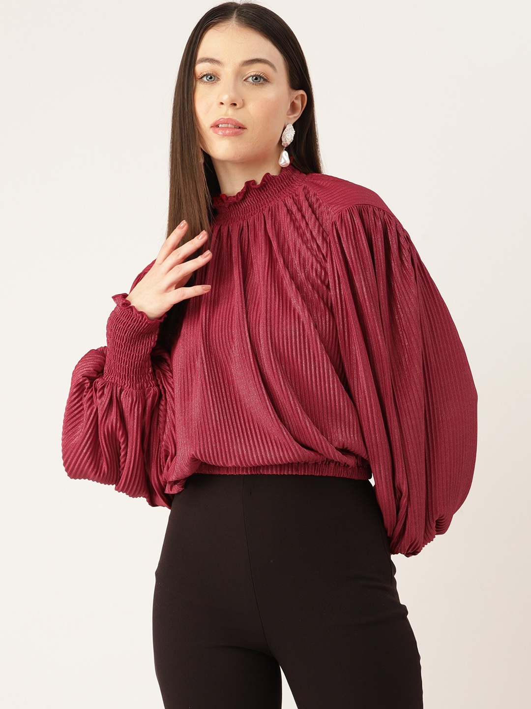 

FOREVER 21 Puff Sleeves Accordion Pleats Blouson Crop Top, Maroon