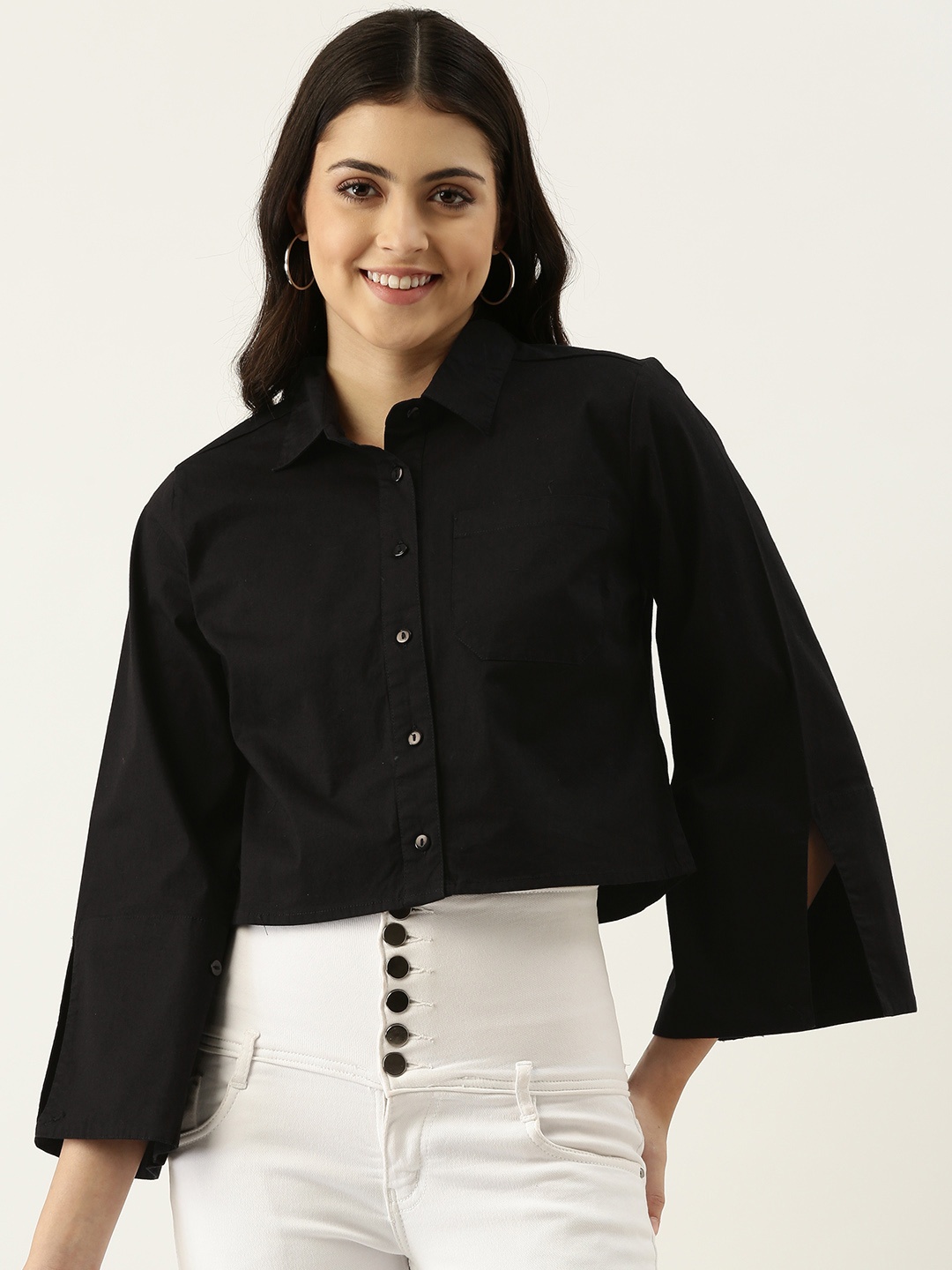 

FOREVER 21 Women Black Solid Bell Sleeves Casual Shirt