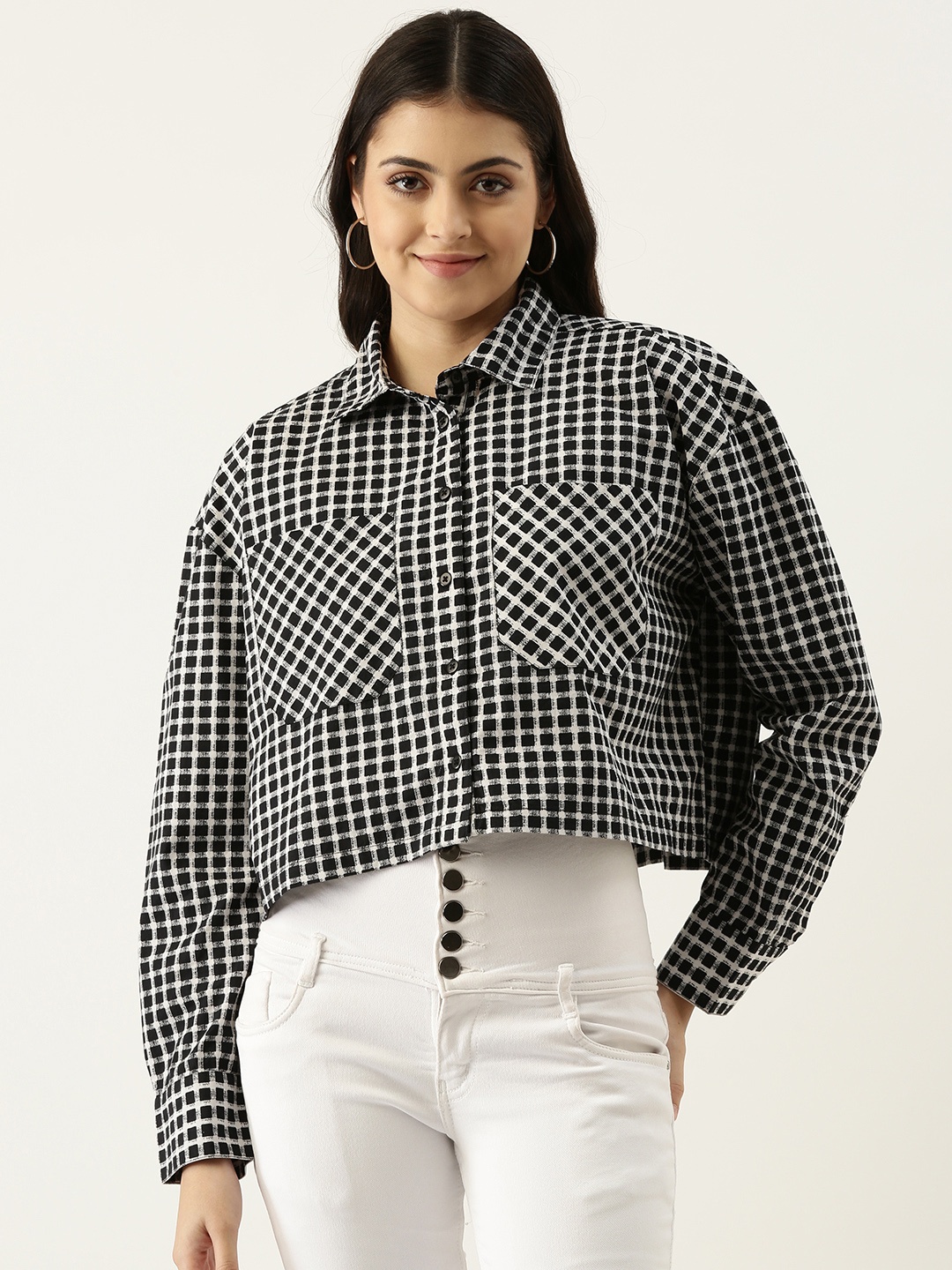 

FOREVER 21 Women White & Black Printed Pure Cotton Casual Shirt
