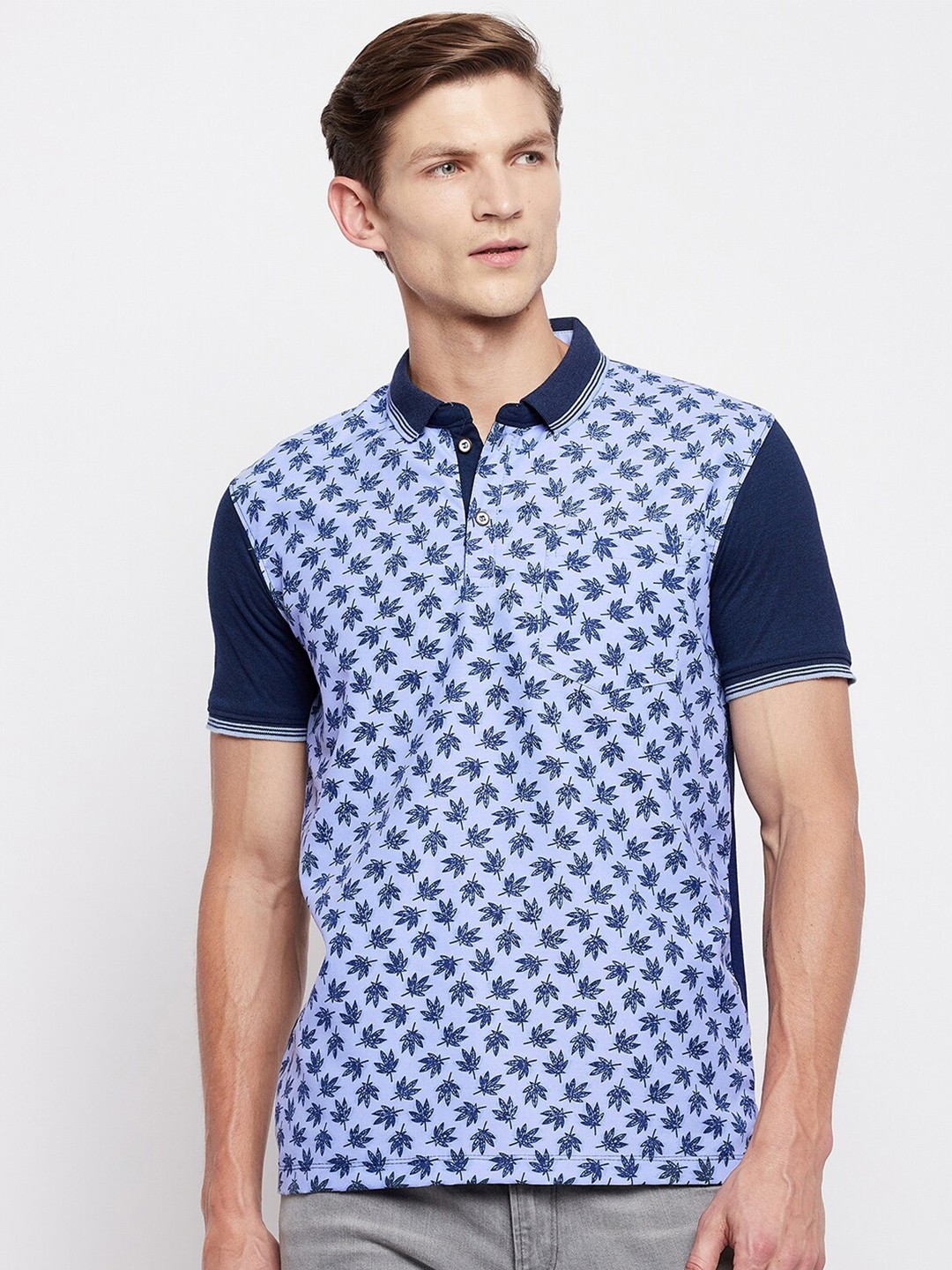 

Adobe Men Blue Tropical Printed Polo Collar T-shirt
