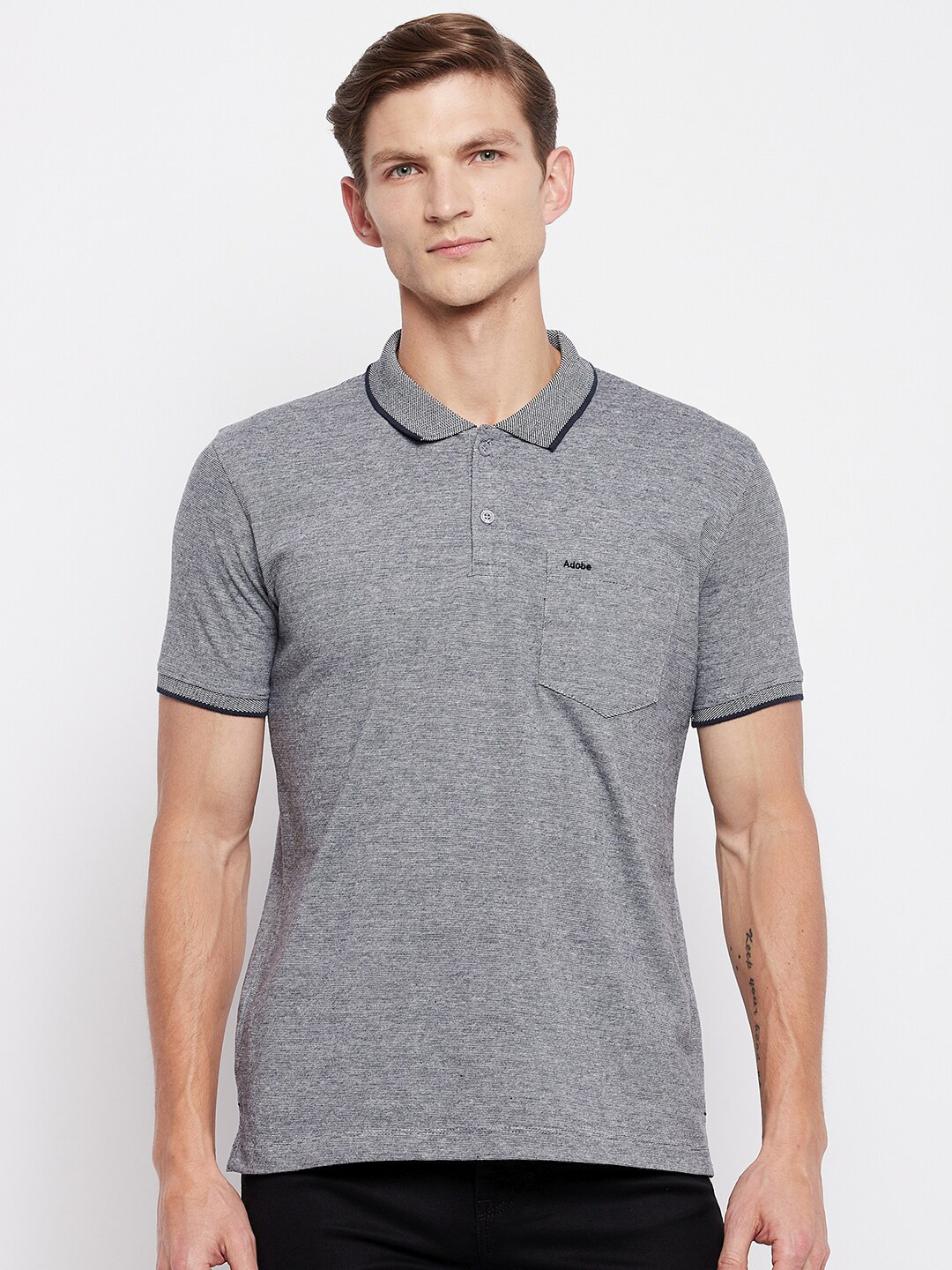 

Adobe Men Grey Polo Collar T-shirt