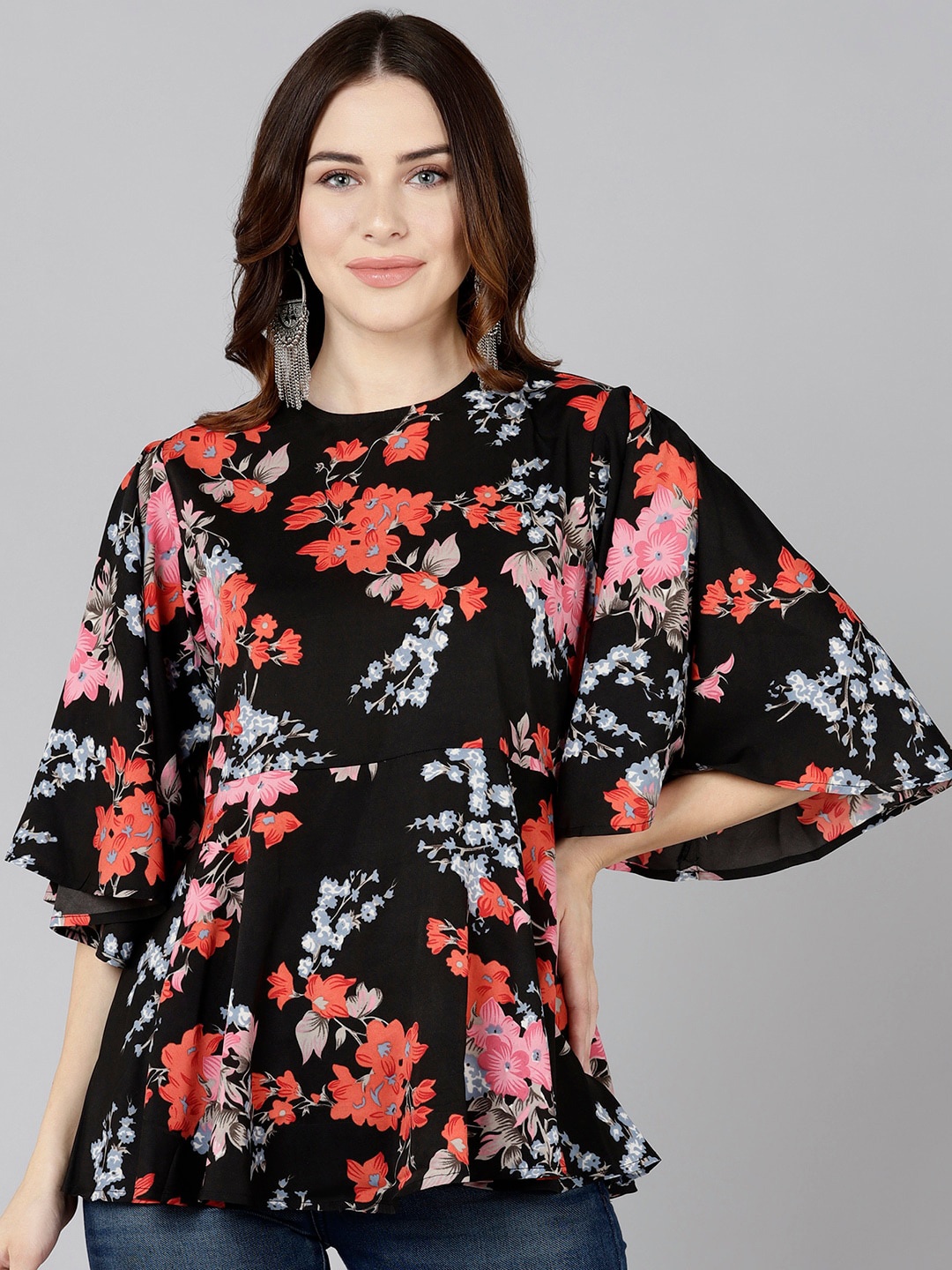 ZNX Clothing Black Floral Print Crepe Top