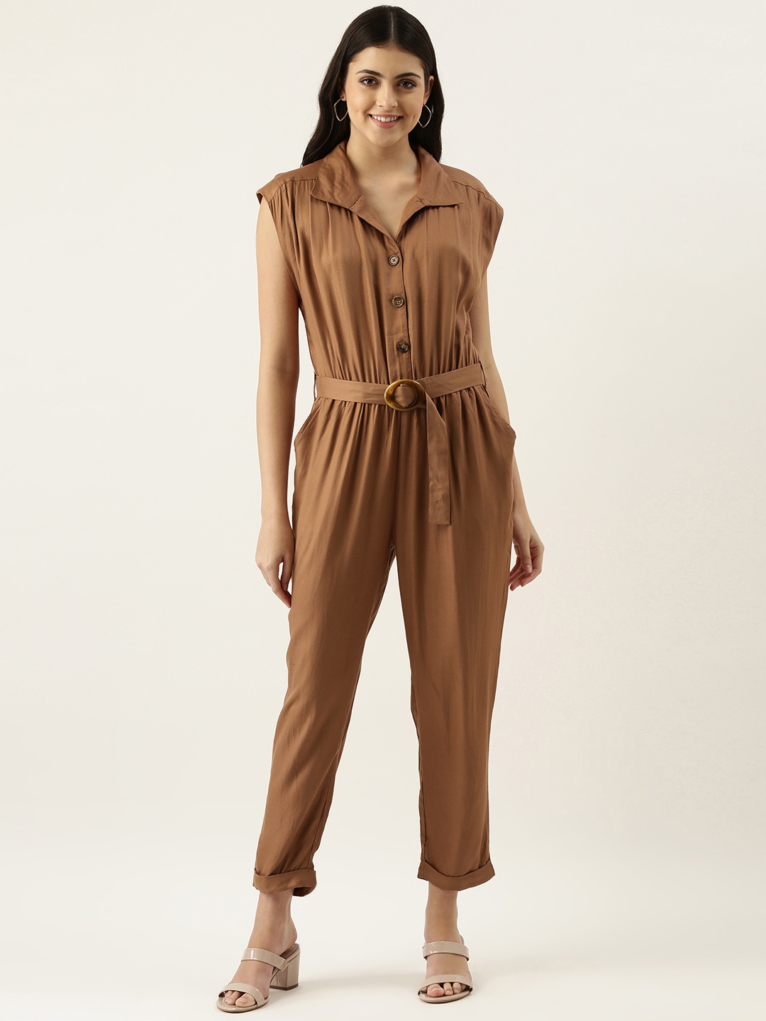 

FOREVER 21 Brown Pleated Basic Jumpsuit
