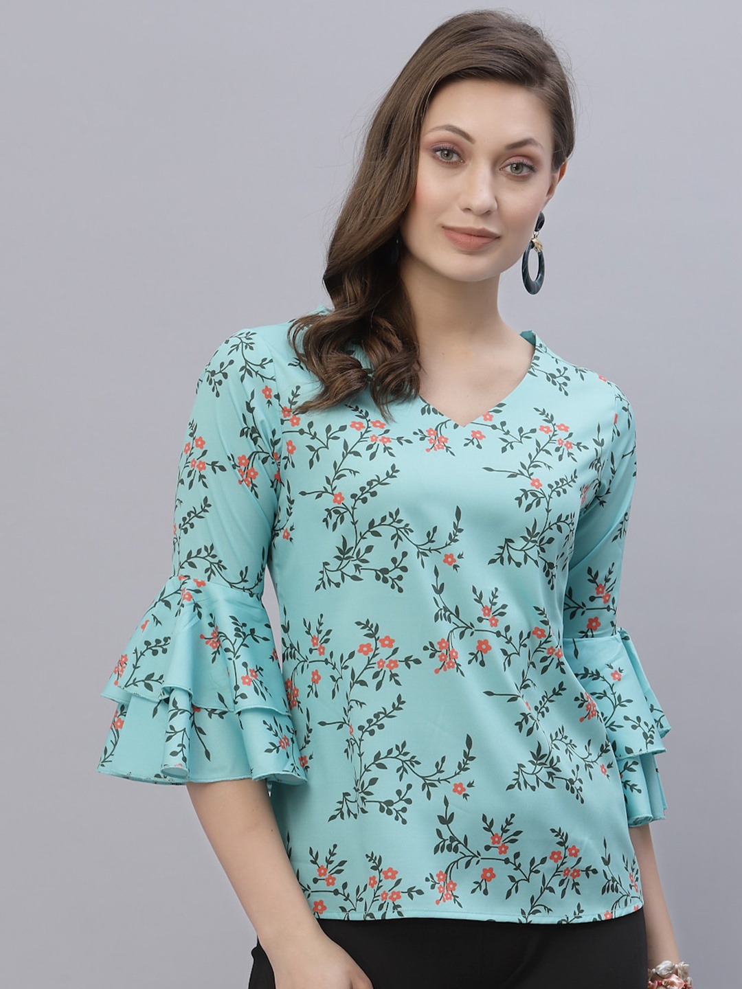 Style Quotient Green Floral Print Crepe Top