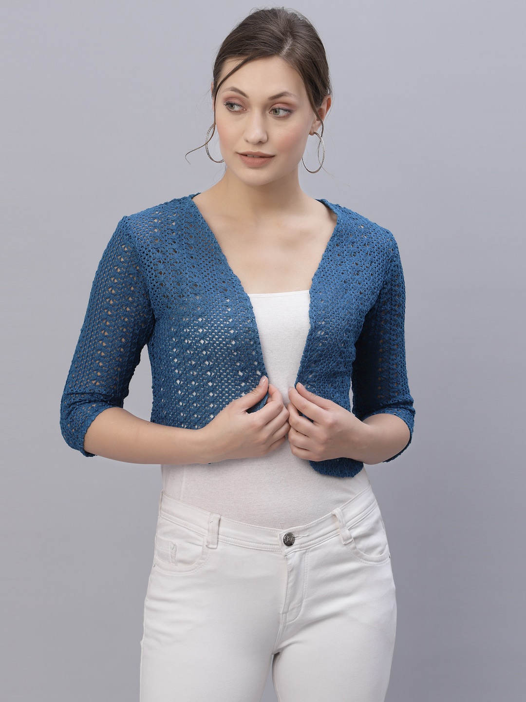 

Style Quotient Women Blue Cotton Crop Shrug