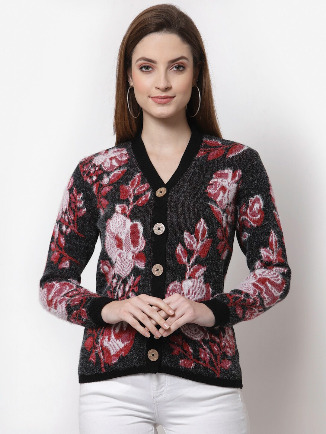 

Kalt Women Black & Pink Floral Printed Cardigan