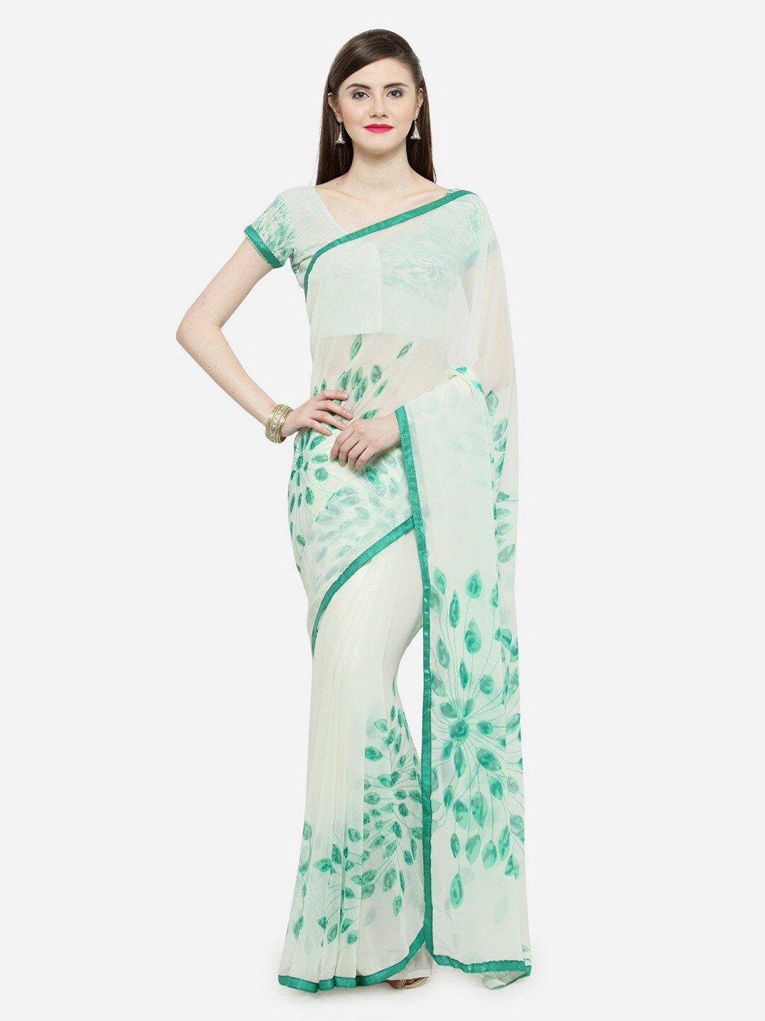 

KALINI White & Green Floral Printed Saree
