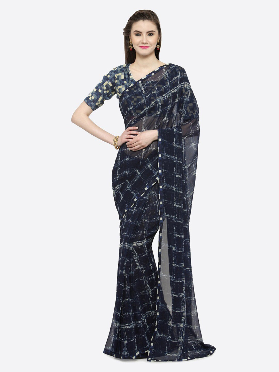 

KALINI Navy Blue & Beige Checked Pure Georgette Saree