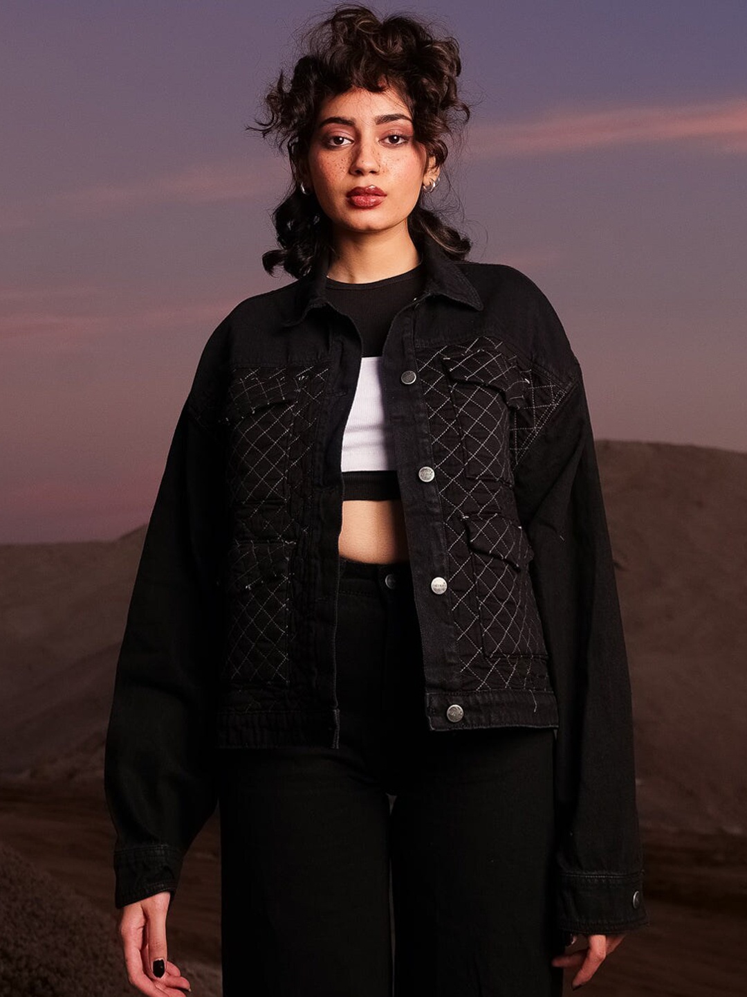 

FREAKINS Women Classic Black Self-Design Jacket
