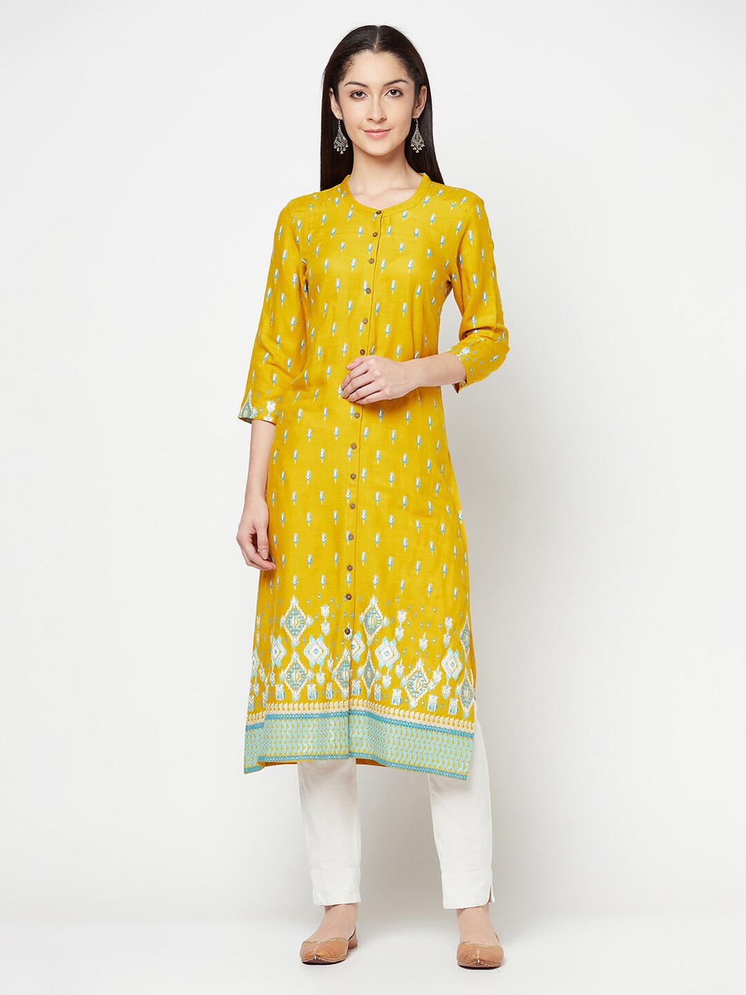 

Cantabil Women Mustard Yellow Floral Printed Floral Kurta