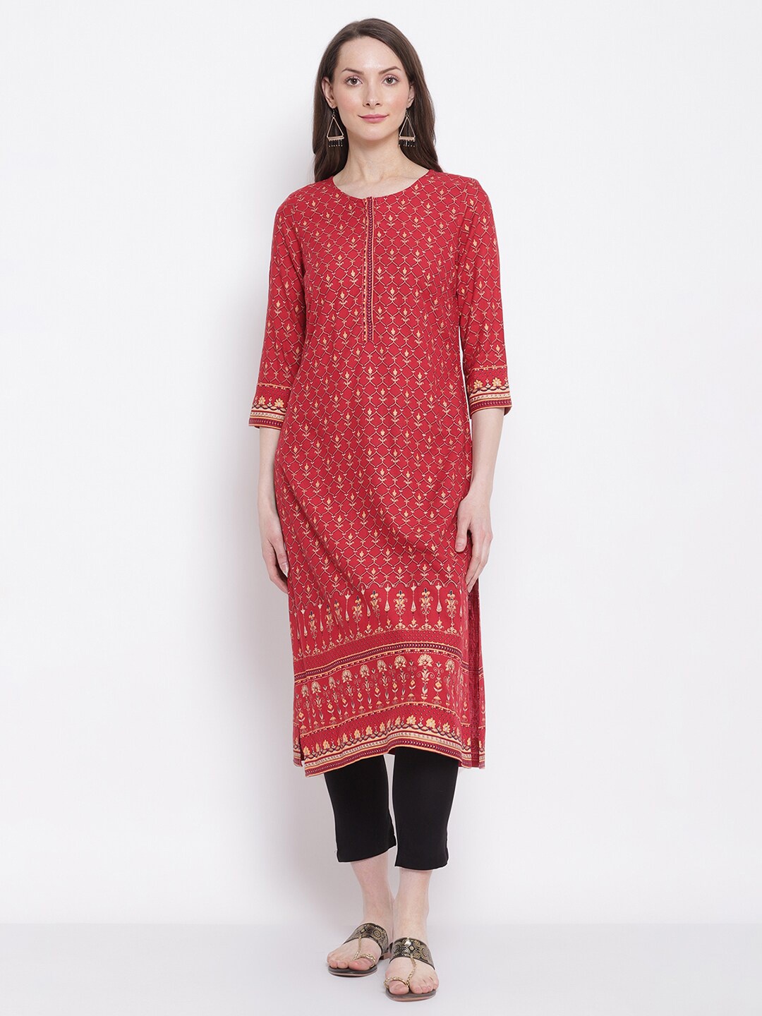 

Cantabil Red & Yellow Floral Printed Kurti