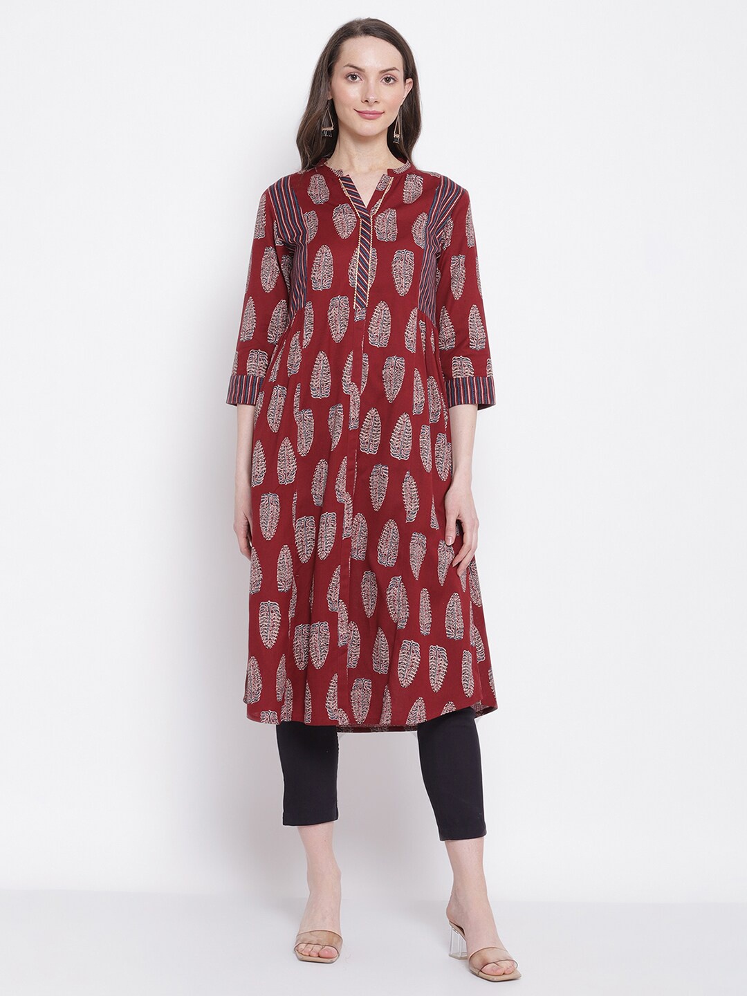 

Cantabil Women Maroon & White Ethnic Motifs Printed Cotton A-line Kurta