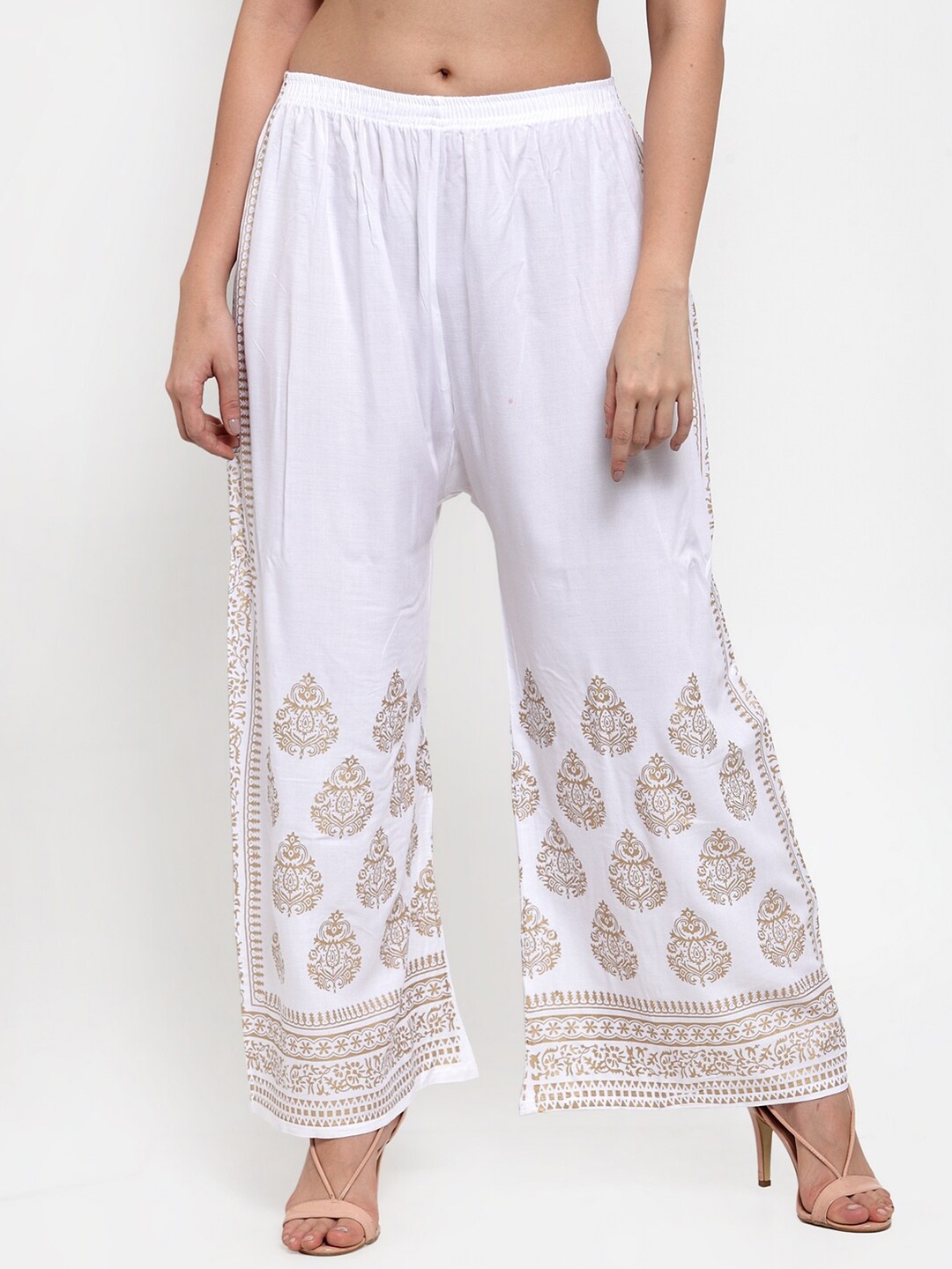 

Miaz Lifestyle Women White & Gold-Toned Ethnic Motifs Printed Palazzos