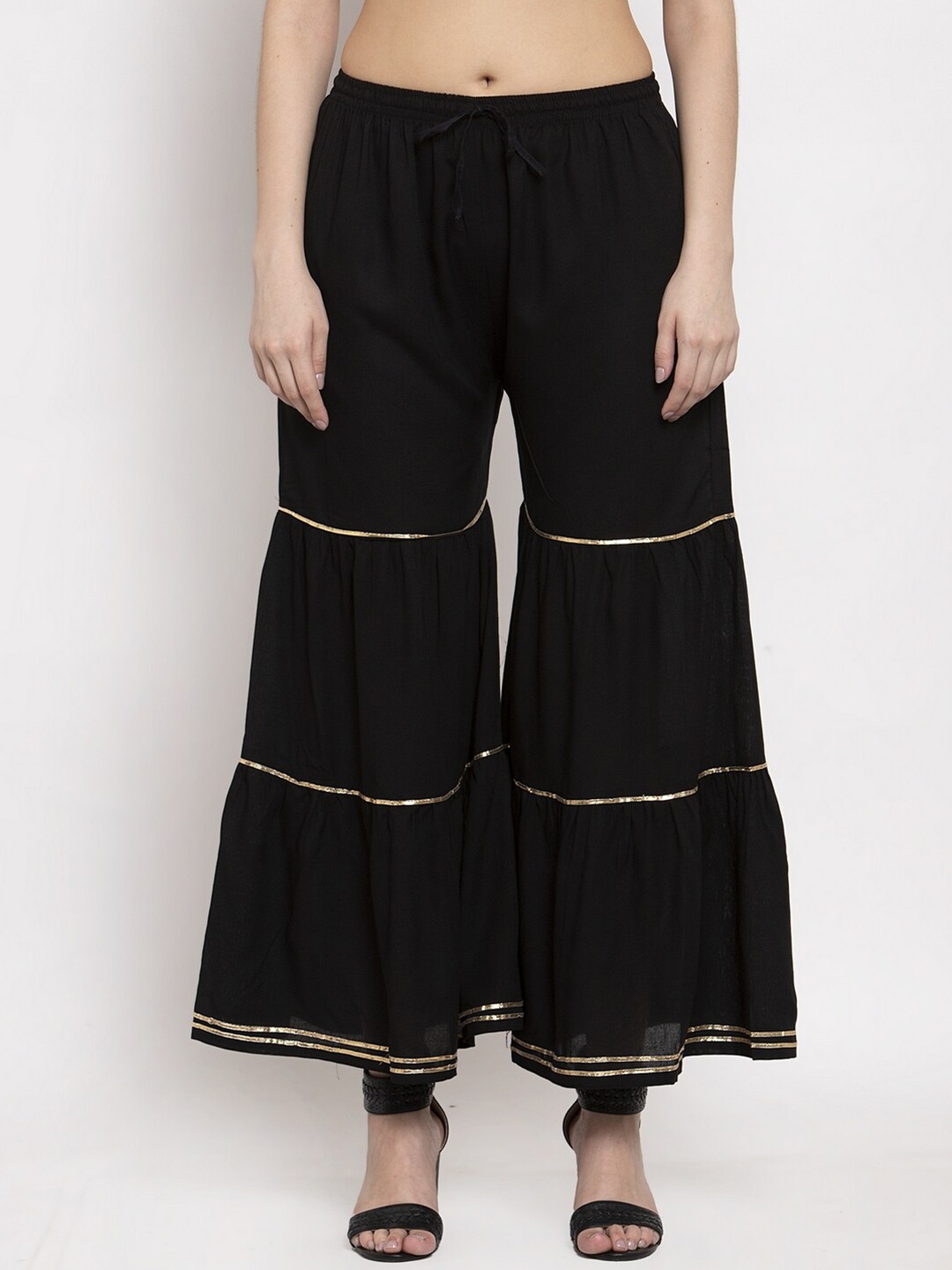 

Miaz Lifestyle Women Black & Gold-Toned Flared Handloom Ethnic Palazzos