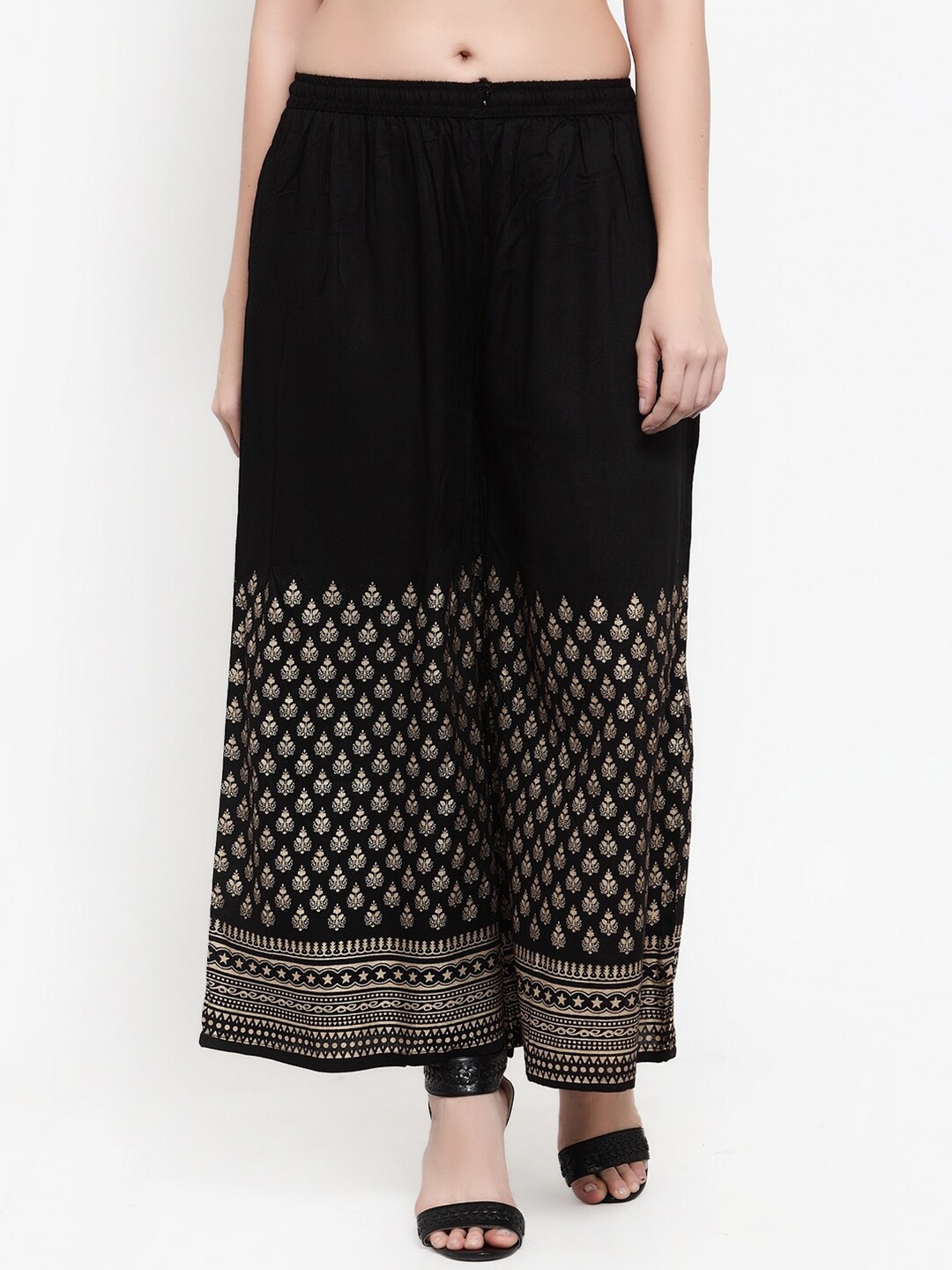 

Miaz Lifestyle Women Black & Gold-Toned Printed Straight Palazzos