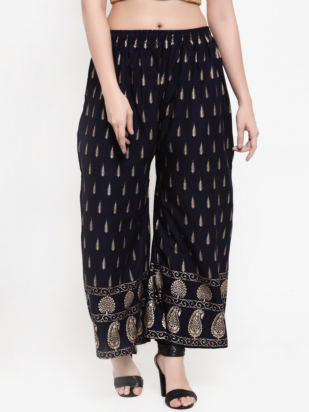 Miaz Lifestyle Women Navy Blue & Gold-Toned Printed Flared Ethnic Palazzos