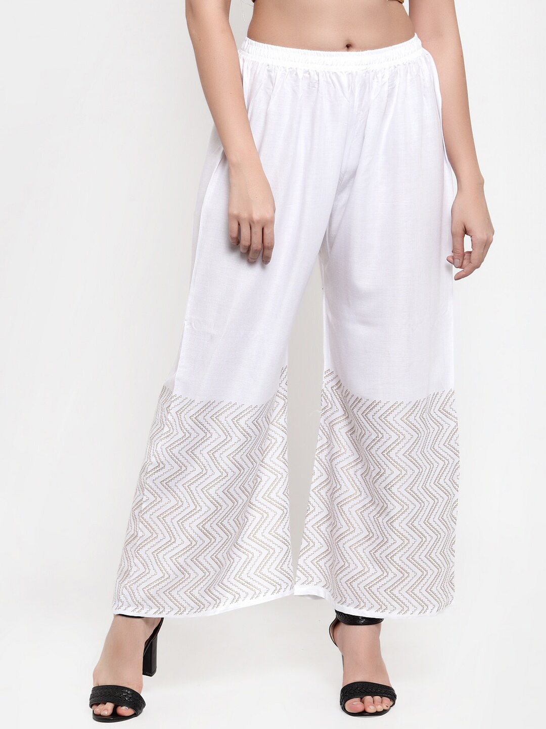 

Miaz Lifestyle Women White & Gold-Toned Ethnic Motifs Printed Palazzos