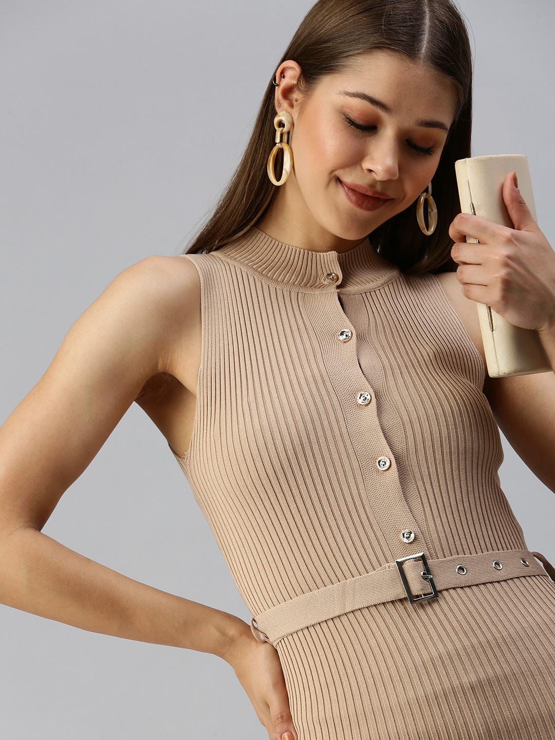 

SHOWOFF Beige Striped Bodycon High neck Sleeveless Dress