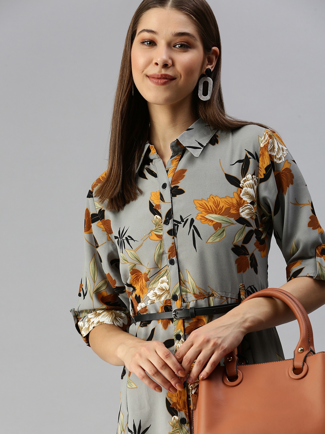 

SHOWOFF Grey Floral Georgette Shirt Mini Dress
