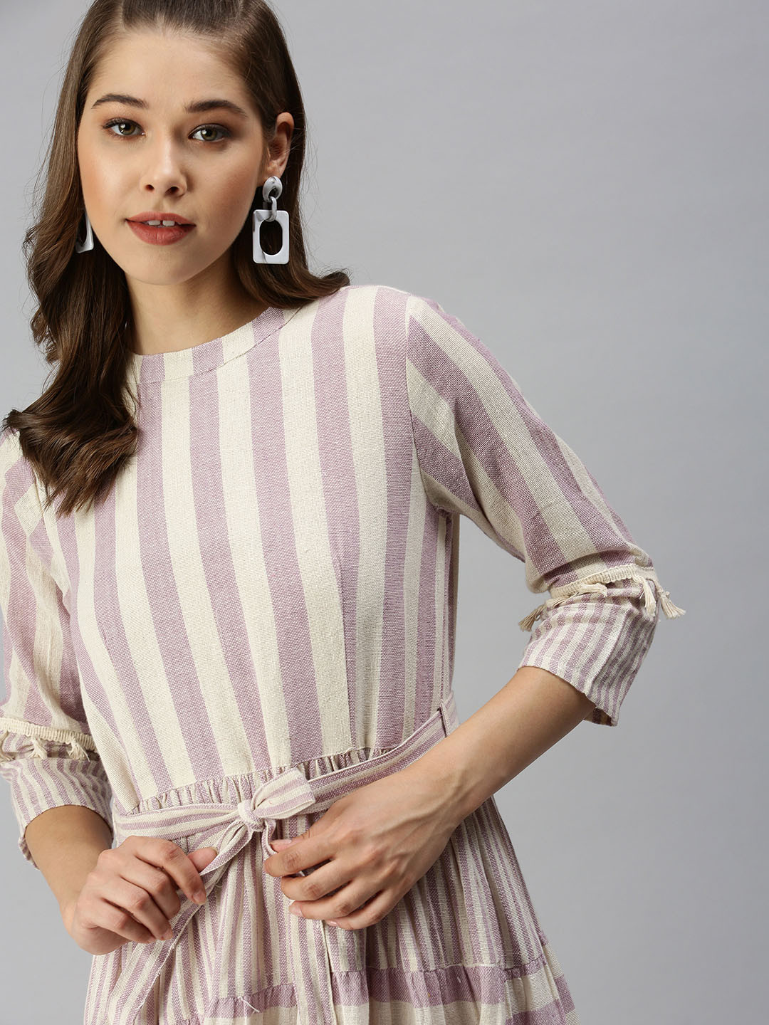 

SHOWOFF Off White Striped Organic Cotton A-Line Dress